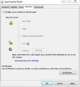 Java Control Panel - Security Tab